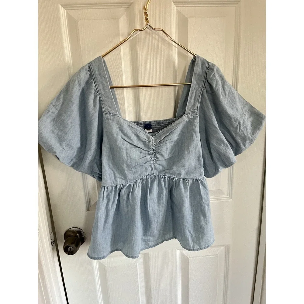 OLD NAVY Blue Peplum Top L Puff Sleeve Square Neck Cotton Casual Summer Chic